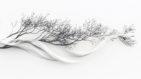 白色背景上的树枝与丝绸飘带