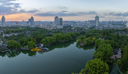 宁波月湖航拍 月湖公园日落 城市航拍