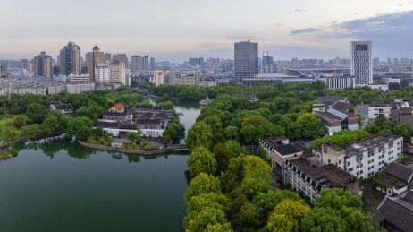 宁波月湖航拍 月湖公园日落 城市航拍