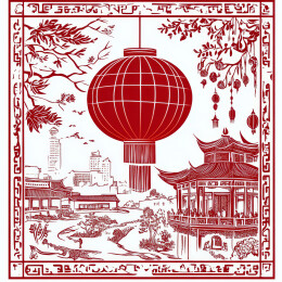 寺庙古建筑剪纸窗花年画圆形中国风春节印刷