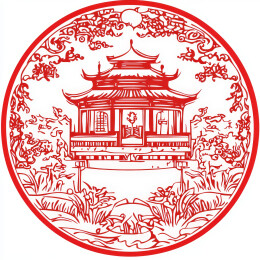 寺庙古建筑剪纸窗花年画圆形中国风春节印刷