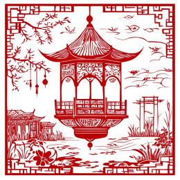 寺庙古建筑剪纸窗花年画圆形中国风春节印刷