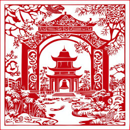 寺庙古建筑剪纸窗花年画圆形中国风春节印刷