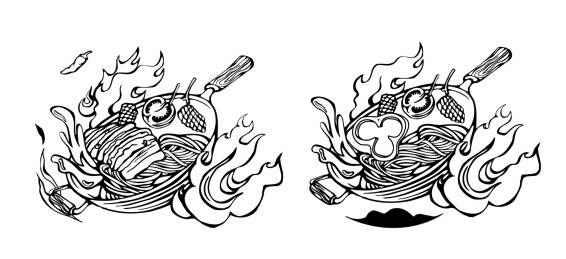 版画风格炒面大火快炒插画手绘火气小炒锅