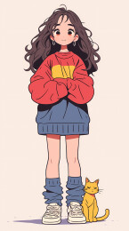 养猫女生角色矢量插画