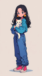 养猫女生角色矢量插画