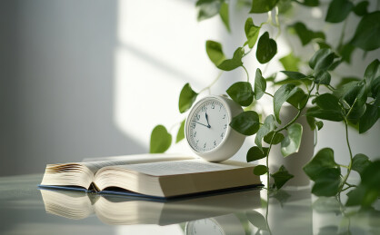 桌子上的书和闹钟的特写镜头