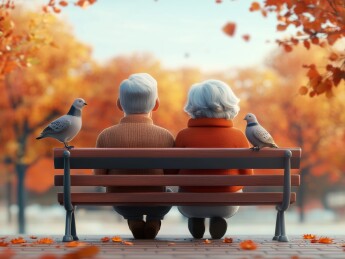 夕阳下老年夫妻依偎喂鸽子