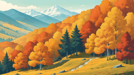 秋冬季雪山枫林风景插画