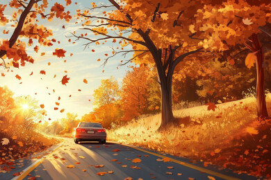 秋天季节在公路上行驶的汽车