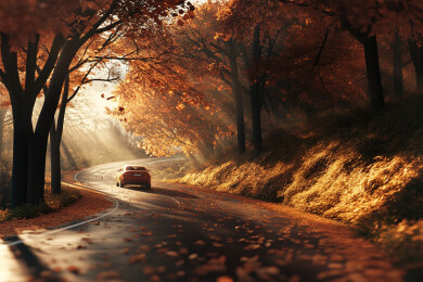 秋天季节在公路上行驶的汽车