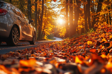 秋天季节在公路上行驶的汽车