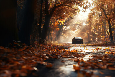 秋天季节在公路上行驶的汽车