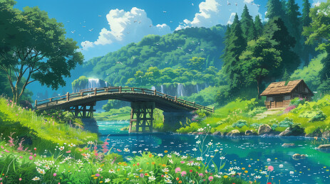 复古日漫 花朵草地天空风景