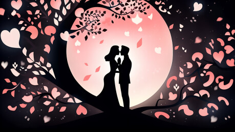 粉色月亮背景中的情侣剪影