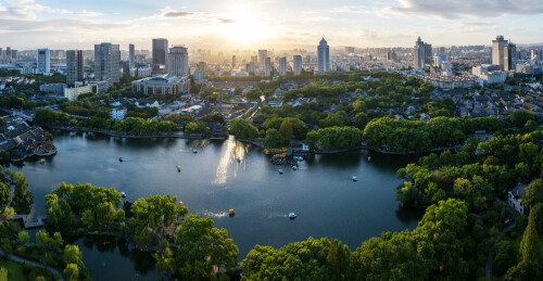 浙江宁波海曙月湖公园航拍