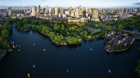 浙江宁波海曙月湖公园航拍