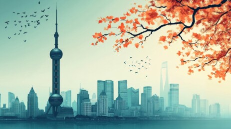 东方明珠塔与秋叶