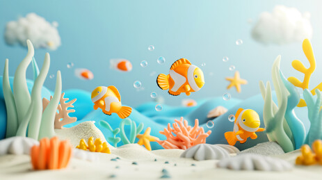 海底世界中几条可爱的小丑鱼在游