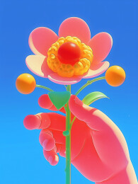 一只手拿着小花朵3D卡通可爱插画