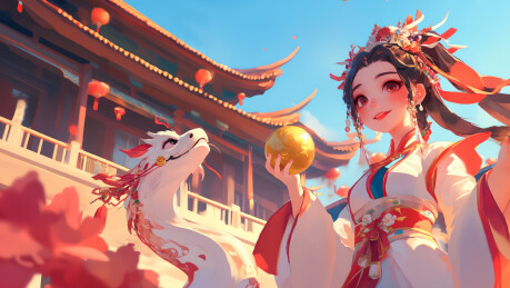 新年卡通女孩和白蛇