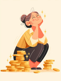 女人托着下巴开心蹲在一堆金币旁边