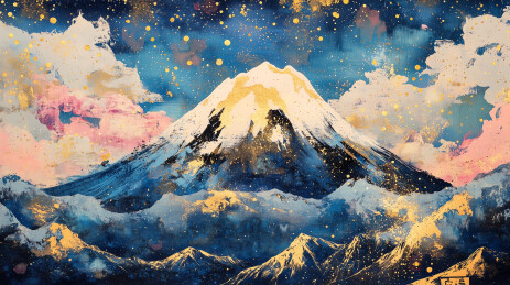 迷幻多彩日照金山概念插画