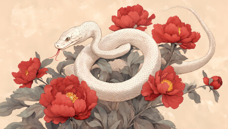 牡丹花和白色蟒蛇国潮插画