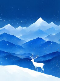 水墨风格的雪山之下体态优美的白鹿