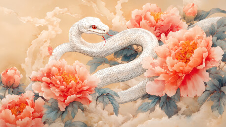 牡丹花丛中的白蛇国画