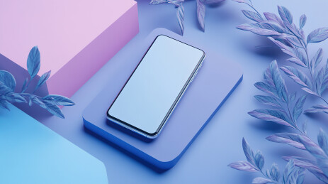 蓝色背景下智能手机的高角度视图