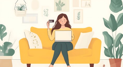 女性手持信用卡抱着电脑坐在沙发上