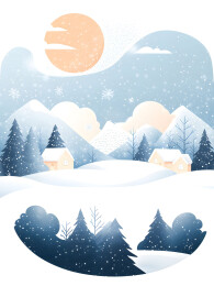 2D扁平风格的冬季雪景插画