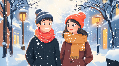 雪中散步在街头的情侣