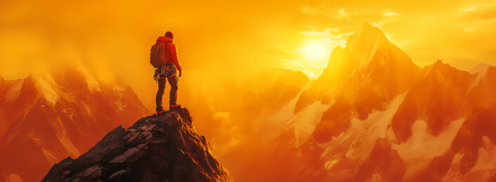 金色阳光在山顶上的登山者