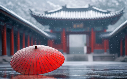 下雪的古城中一把红色的伞