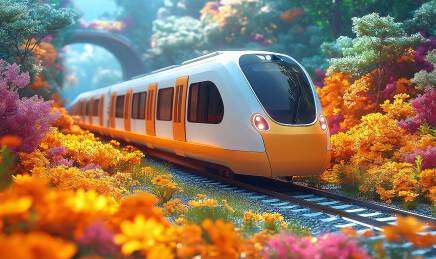穿越花海开往春天的轻轨列车