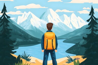 背包客站在山顶远眺风景