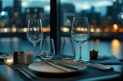 餐厅餐桌上摆放的特写镜头