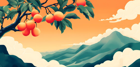 中式国潮桃树风景手绘插画