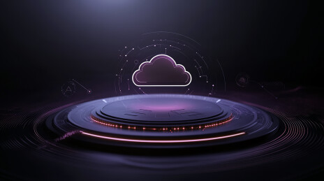 3D渲染云图标静置在圆形底座上