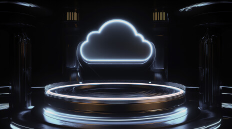 3D渲染云图标静置在圆形底座上