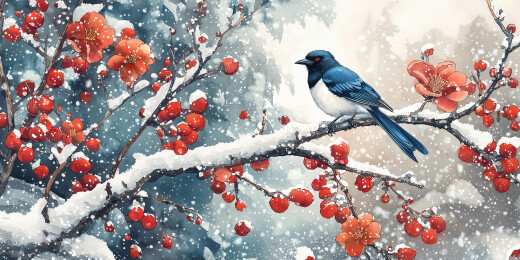 国画风树枝上的鸟