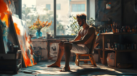 阳光明媚工作室里沉思男艺术家