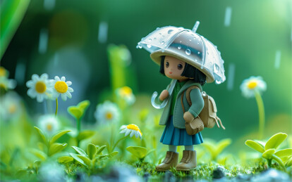 下雨天一个3D小女孩打着伞在草地