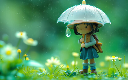 下雨天一个3D小女孩打着伞在草地