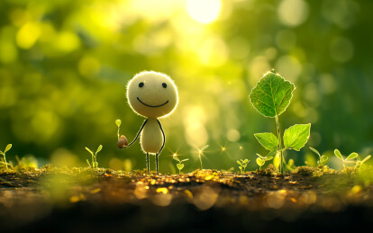 一个小人偶正在浇花种树