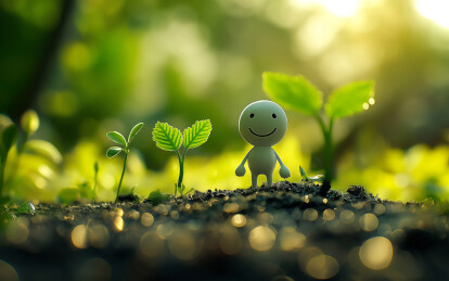 一个小人偶正在浇花种树