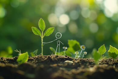 一个小人偶正在浇花种树