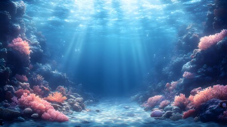 深海底部珊瑚礁蓝色海洋场景